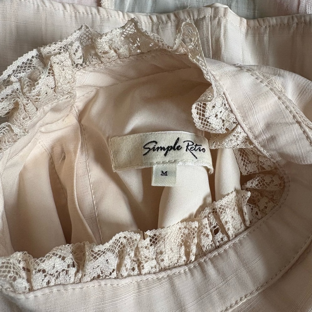 Lace Trim High-Neck Cream Blouse - Picture 9 of 13